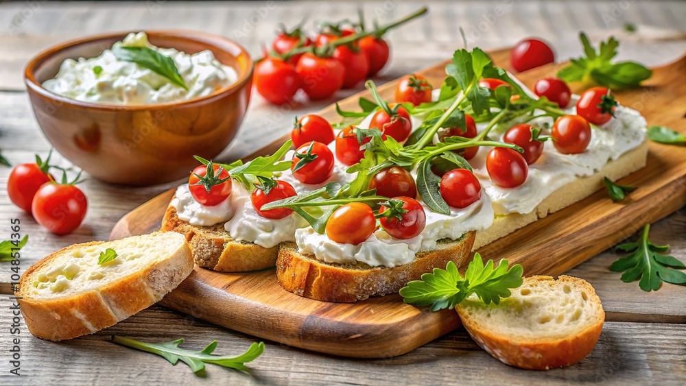 Creamy Ricotta & Cherry Tomato Bruschetta with Crunchy Baguette and Arugula Creamy Ricotta & Cherry Tomato Bruschetta with Crunchy Baguette and Arugula