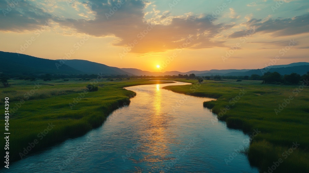 Fototapeta premium Sunset Over Serene River Landscape