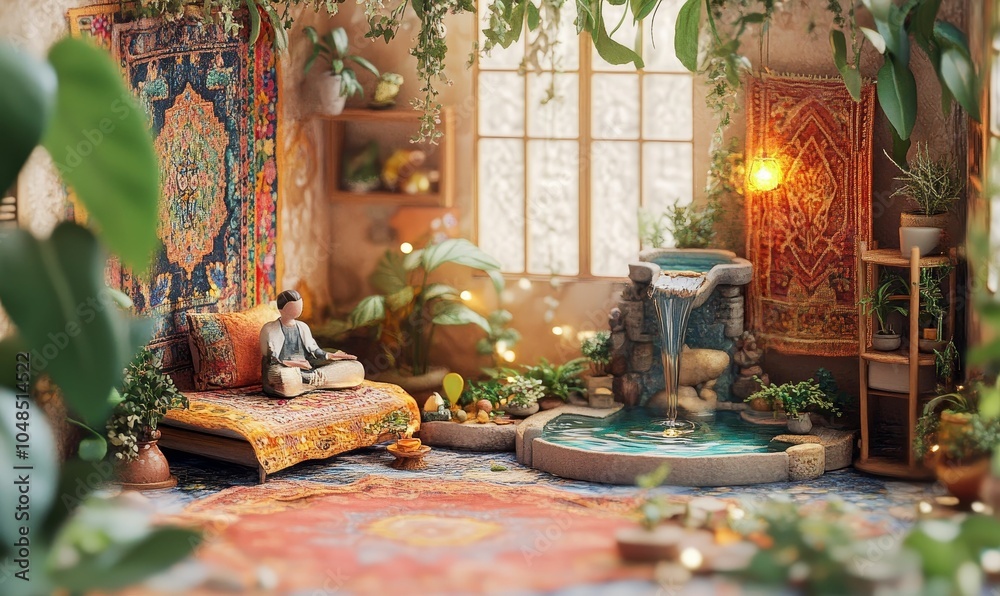 Miniature room with a figure, fountain, and plants. Miniature room with a figure, fountain, and plants.