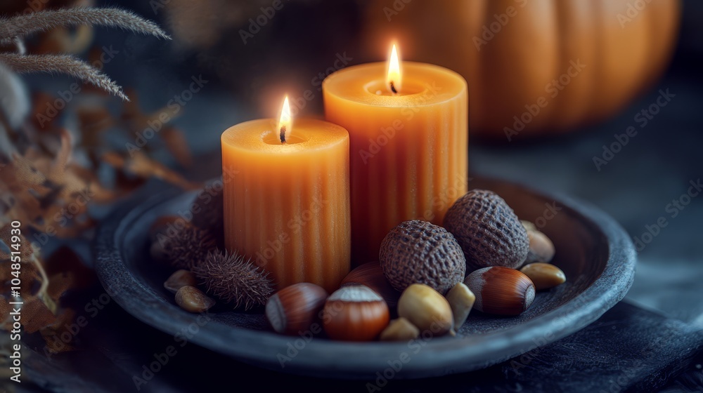 Cozy Autumn Candles with Acorns and Pumpkin Arrangement Cozy Autumn Candles with Acorns and Pumpkin Arrangement
