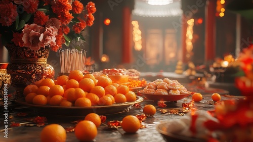 Offerings table filled with oranges, lotus seeds, incense, and traditional dishes like Jiaozi and Nian Gao, set up in a decorated room with red and gold ornaments for New Year cele photo