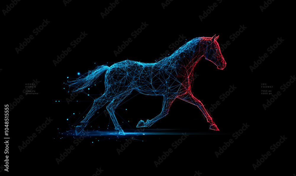 Fototapeta premium Digital Horse Running in Low Poly Glowing Red and Blue Wire Frame Design