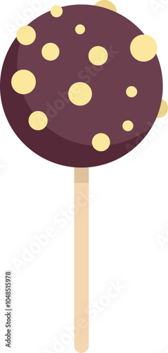 Round chocolate cake pop dipped in chocolate coating and sprinkled with white chocolate dots, isolated on white background