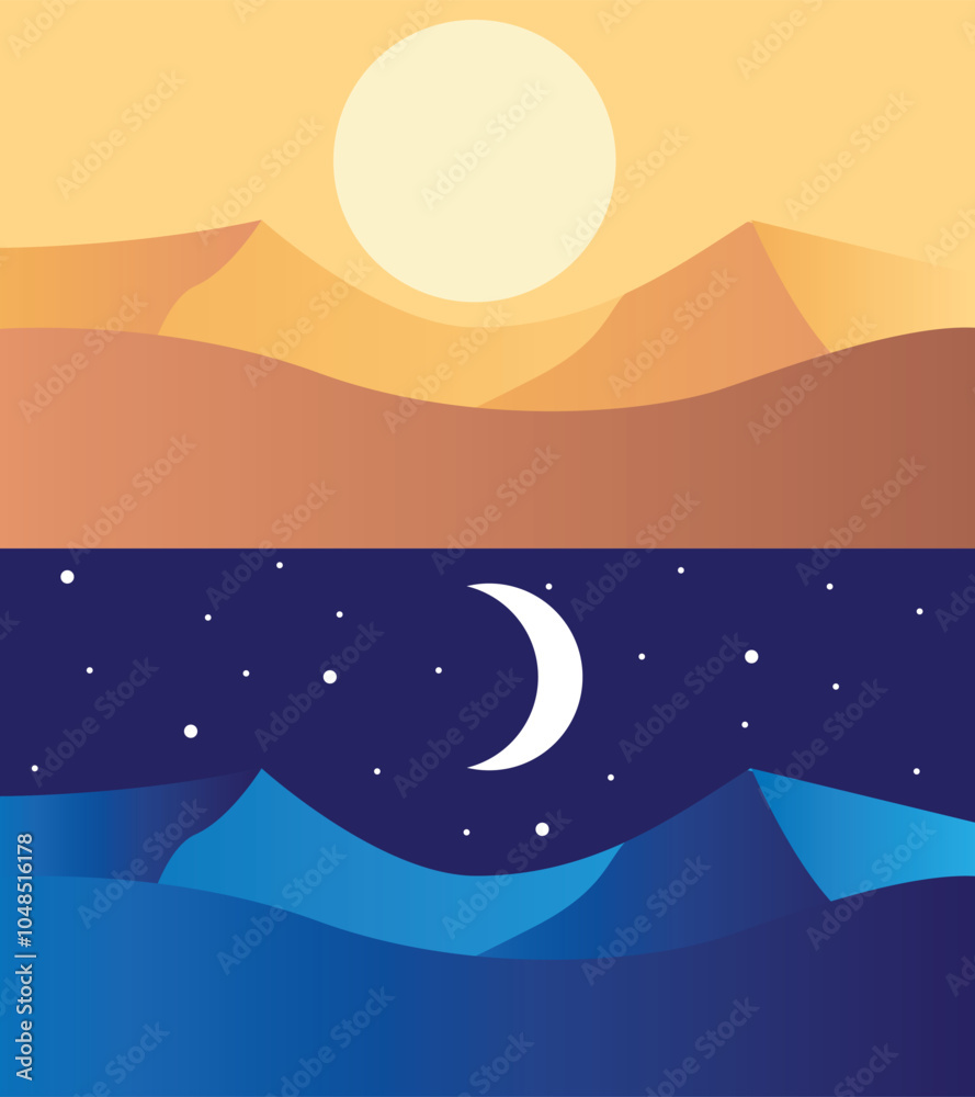 Fototapeta premium Day and Night in the Desert Landscape Set. Nature and passing of time vector art
