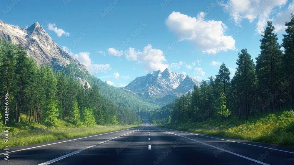 Fototapeta premium Asphalt highway road and green forest with mountain natural landscape under blue sky : Generative AI