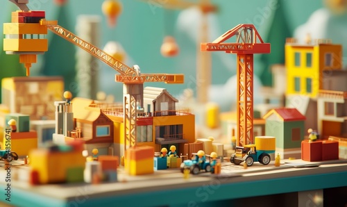 Fototapeta Naklejka Na Ścianę i Meble -  Toy construction site with cranes and workers.