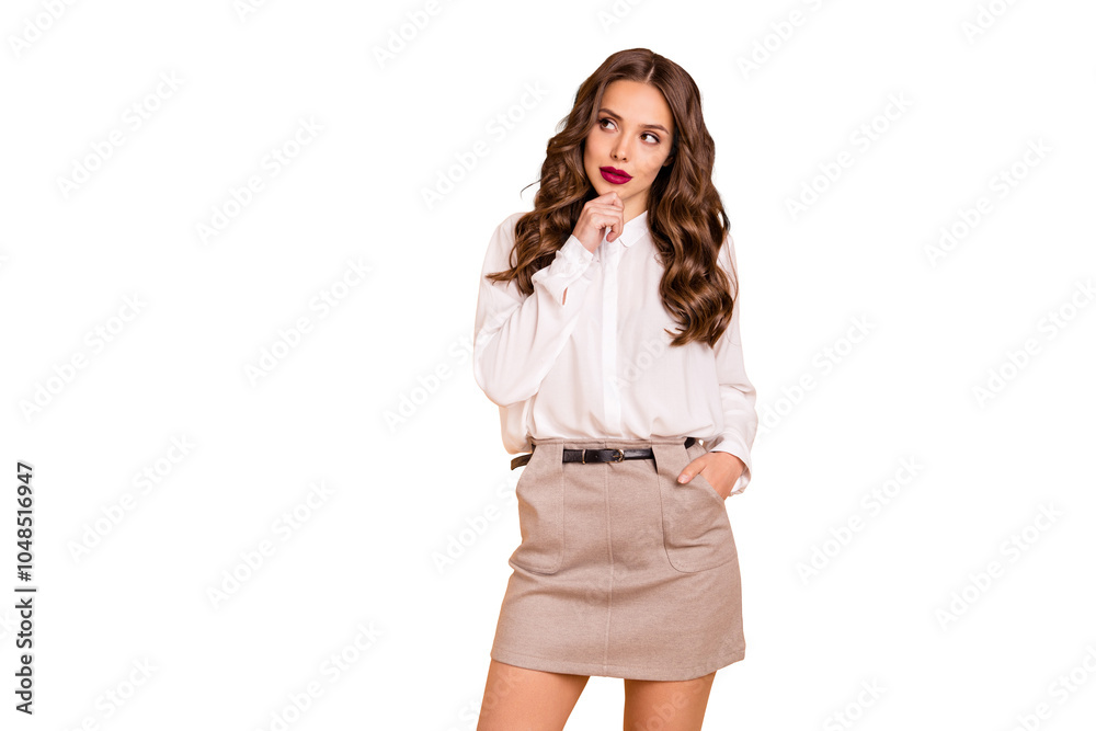Portrait of her she nice-looking attractive lovely chic glamorous pretty perfect shine content minded well-groomed lady deciding making solution isolated over beige pastel background Portrait of her she nice-looking attractive lovely chic glamorous pretty perfect shine content minded well-groomed lady deciding making solution isolated over beige pastel background