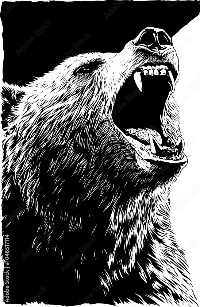 Black and white vector illustration of a roaring bear.