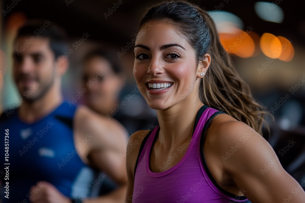 A woman smiles brightly at the camera while exercising on a treadmill at the gym. A woman smiles brightly at the camera while exercising on a treadmill at the gym.