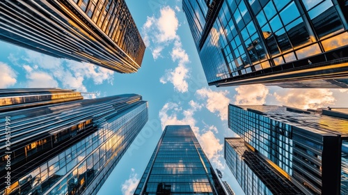 A dramatic view of skyscrapers reaching towards a blue sky.