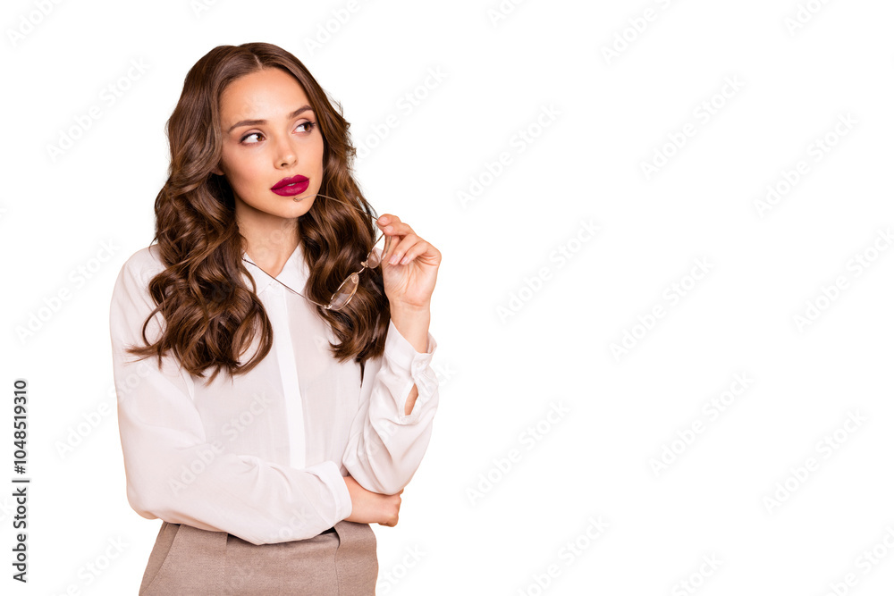 Portrait of her she nice-looking attractive lovely shine pretty professional minded wavy-haired lady real estate agent broker creating solution isolated over beige pastel background Portrait of her she nice-looking attractive lovely shine pretty professional minded wavy-haired lady real estate agent broker creating solution isolated over beige pastel background