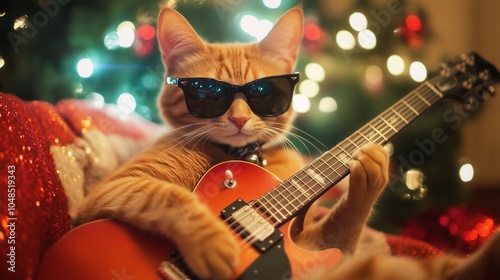 Cat in sunglasses playing guitar on Christmas event. Festive background, holiday wallpaper, Xmas eve funny poster, New Year Banner photo