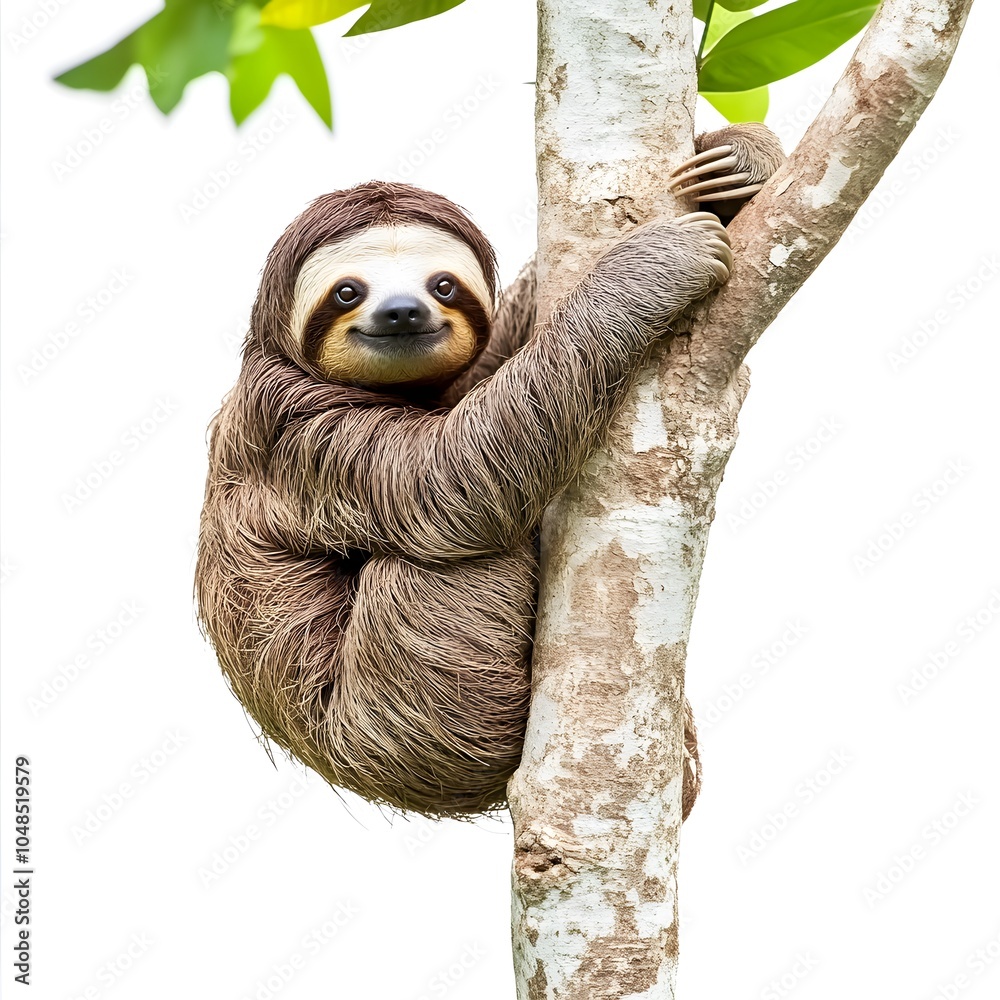 Fototapeta premium A sloth hanging from a tree, smiling lazily, on white