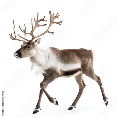 A reindeer with antlers, prancing, set against white