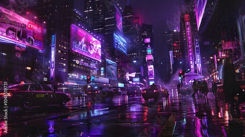Cyberpunk city street night scene neon lights futuristic urban landscape rainy reflections