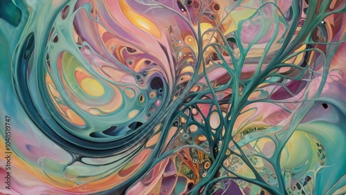Abstract colorful swirl with organic forms and vibrant hues, portraying emotion and fluid movement in a dynamic composition