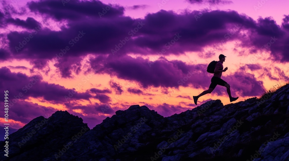 A man is running up a mountain with a backpack A man is running up a mountain with a backpack