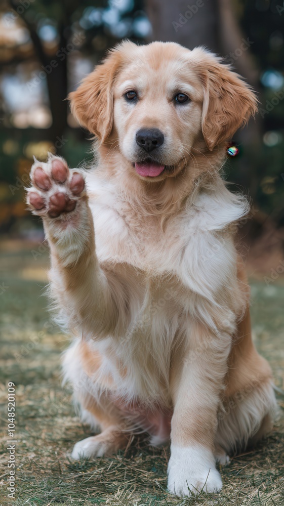 Golden Retriever Puppy Waving with Tongue Out in Park
