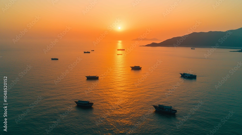 The setting sun shines on the sea, casting warm hues across its surface as boats float gently in the water. The sky is painted with vibrant orange and pink colors that blend seamlessly into each o The setting sun shines on the sea, casting warm hues across its surface as boats float gently in the water. The sky is painted with vibrant orange and pink colors that blend seamlessly into each o