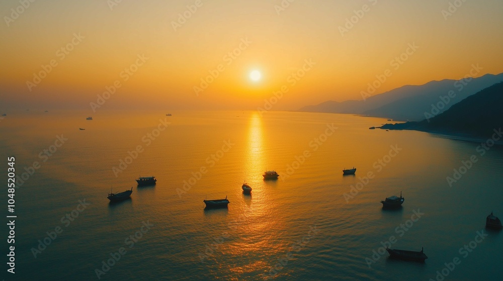 The setting sun shines on the sea, casting warm hues across its surface as boats float gently in the water. The sky is painted with vibrant orange and pink colors that blend seamlessly into each o
