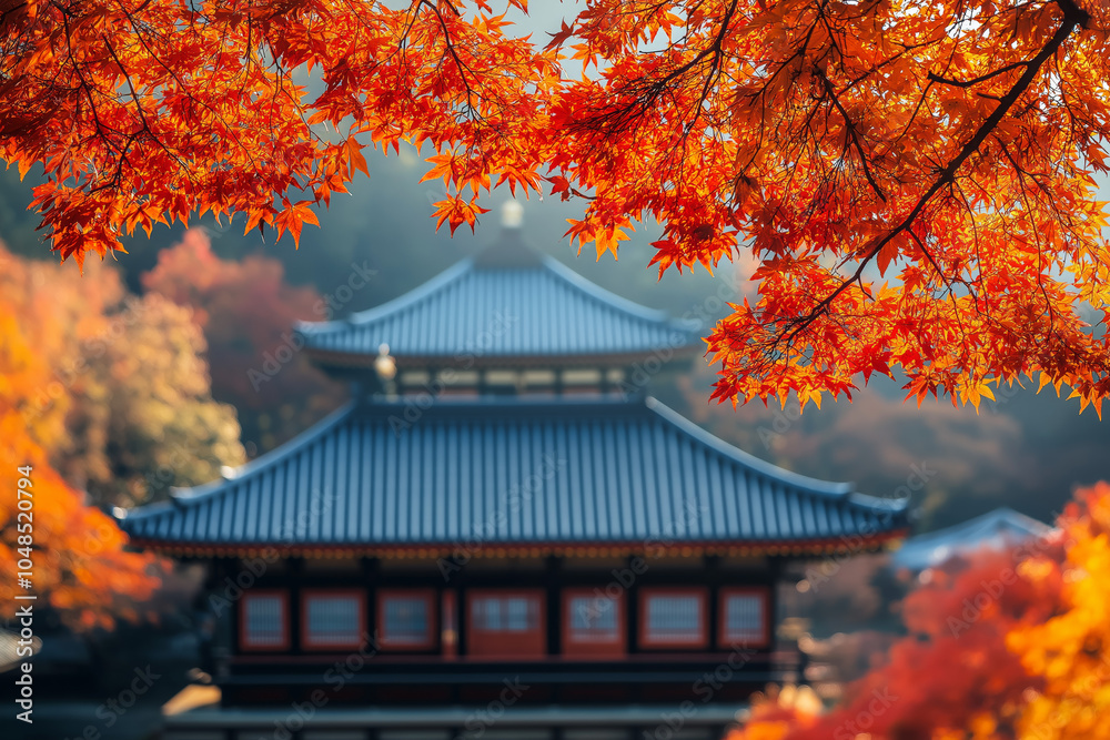 Japanese Temple in Autumn, Framed by Fiery Maple Leaves Japanese Temple in Autumn, Framed by Fiery Maple Leaves
