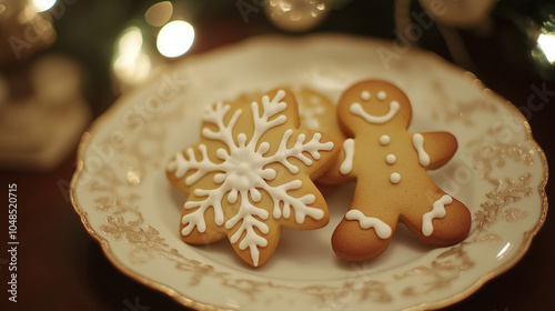 Charming Holiday Cookie Duo – Gingerbread Man and Snowflake with Festive Icing on Decorative Plate for Cozy Christmas Celebrations