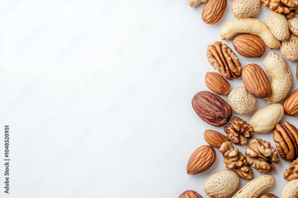 A collection of mixed nuts, including almonds, walnuts, pecans, and peanuts, is artistically placed in the center of a clean, white background, showcasing their textures and colors. A collection of mixed nuts, including almonds, walnuts, pecans, and peanuts, is artistically placed in the center of a clean, white background, showcasing their textures and colors.