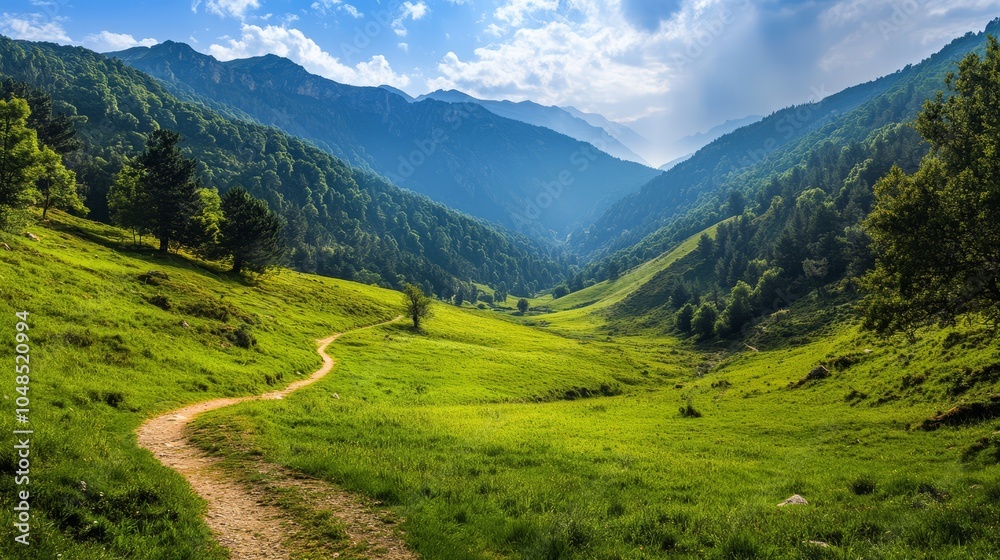 Fototapeta premium Serene Mountain Landscape with Lush Green Valley and Trail