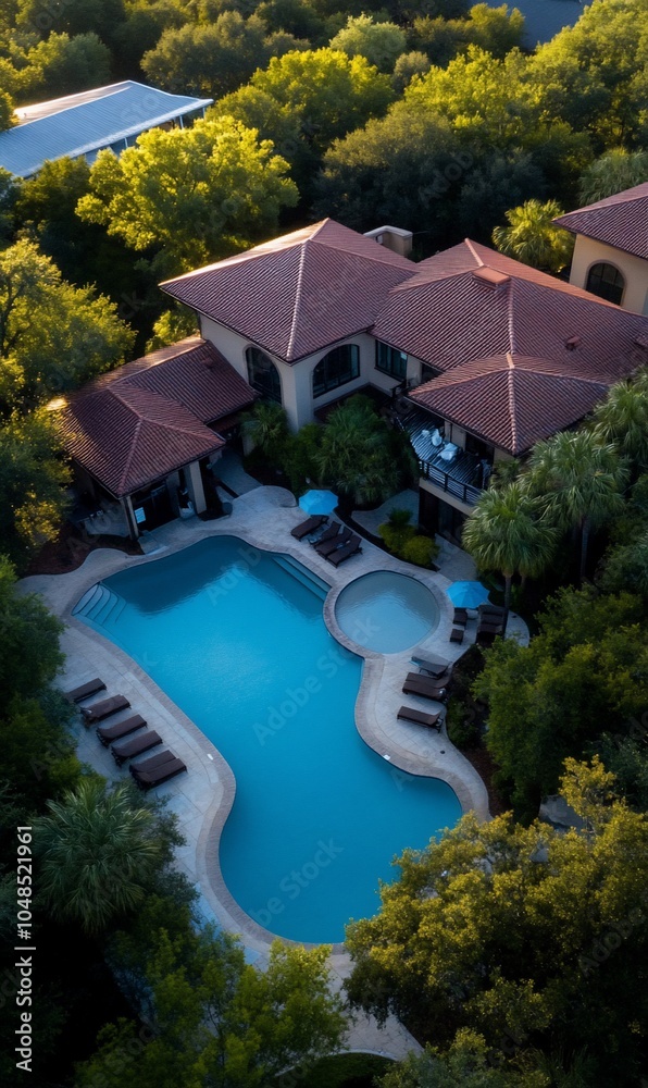 An aerial view of a luxury home with a large swimming pool and surrounding trees. An aerial view of a luxury home with a large swimming pool and surrounding trees.