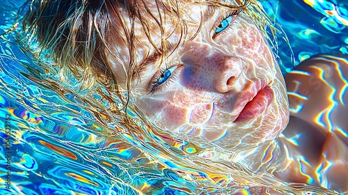 a model wearing black beach cloths, her skin is mandelbrot rainbows, her eye lashes long and stylish, her eyes glow like the afternoon sun, black background, blue rays of light