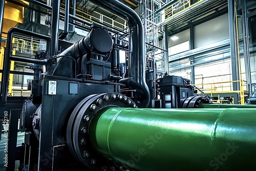 Wallpaper Mural Large green pipes are connected to complex machinery with valves and bolts, suggesting an industrial process within a modern factory setting Torontodigital.ca