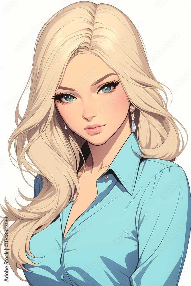 A striking young Caucasian woman with long blonde hair and blue eyes, wearing a light blue blouse and elegant earrings. A striking young Caucasian woman with long blonde hair and blue eyes, wearing a light blue blouse and elegant earrings.