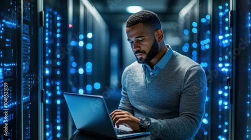 A Man Working on a Laptop in a Server Room photo