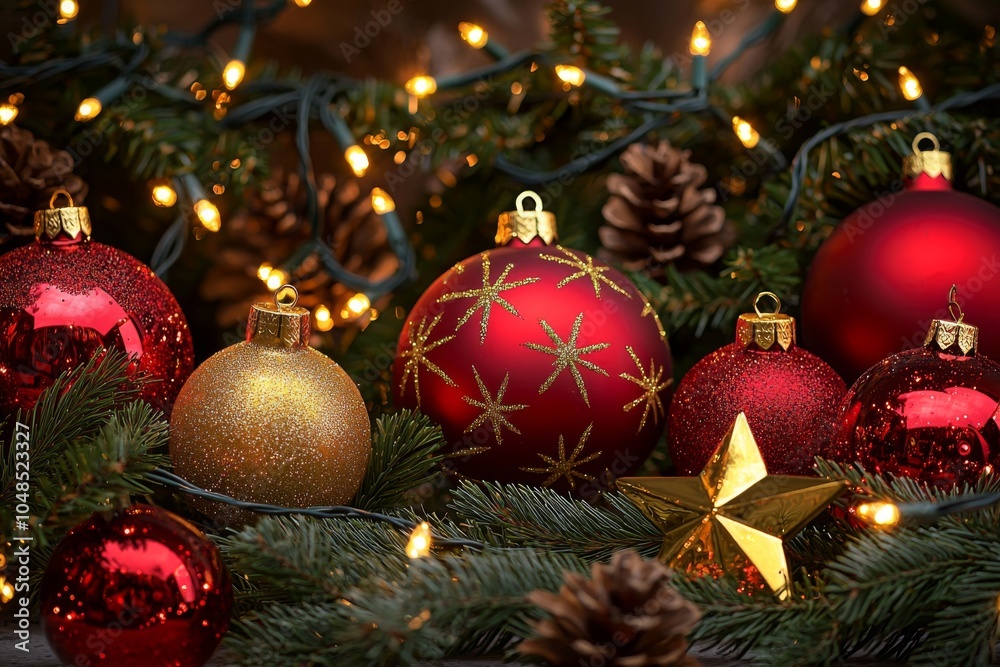 A festive arrangement featuring red and gold Christmas ornaments, pine cones, and greenery, illuminated by warm lights. A festive arrangement featuring red and gold Christmas ornaments, pine cones, and greenery, illuminated by warm lights.