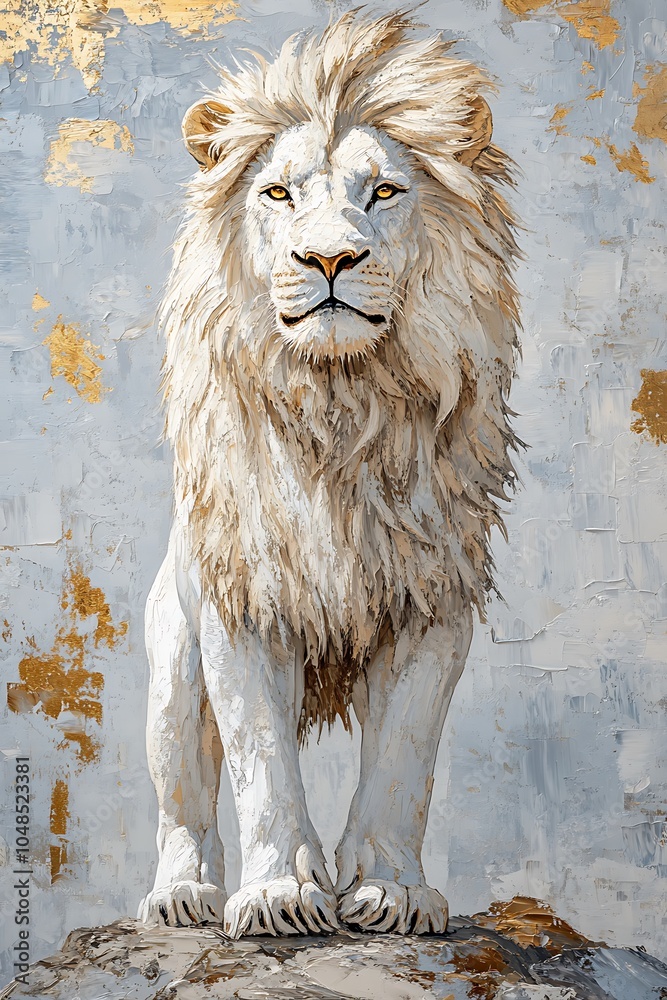 Naklejka premium Majestic white lion stands proudly against a softly textured background symbolizing strength beauty and nature's majesty