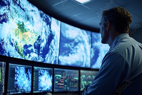 Meteorologist monitoring weather patterns and analyzing meteorological data on a wall of computer screens in a control room, ensuring accurate forecasts and timely warnings photo