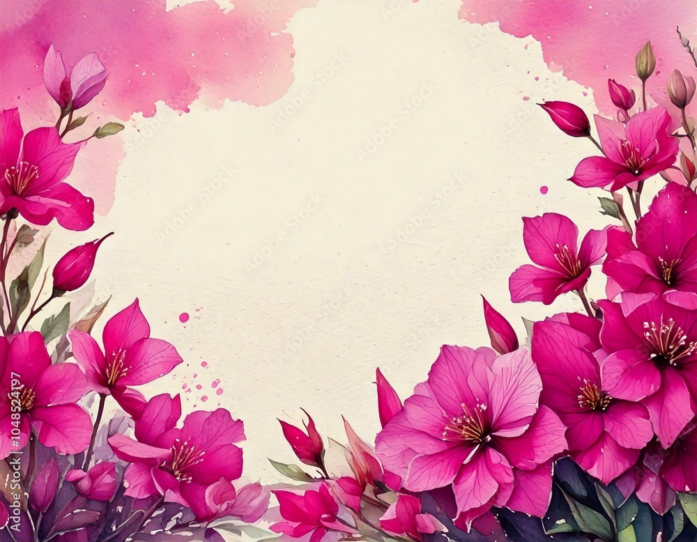 Fototapeta premium watercolor background with magenta flowers with empty copy space in the middle