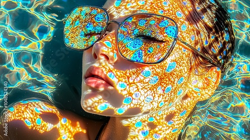 a model wearing black beach cloths, her skin is mandelbrot rainbows, her eye lashes long and stylish, her eyes glow like the afternoon sun, black background, blue rays of light