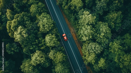 Aerial View of a Red Car on a Scenic Road Surrounded by Lush Green Forest
