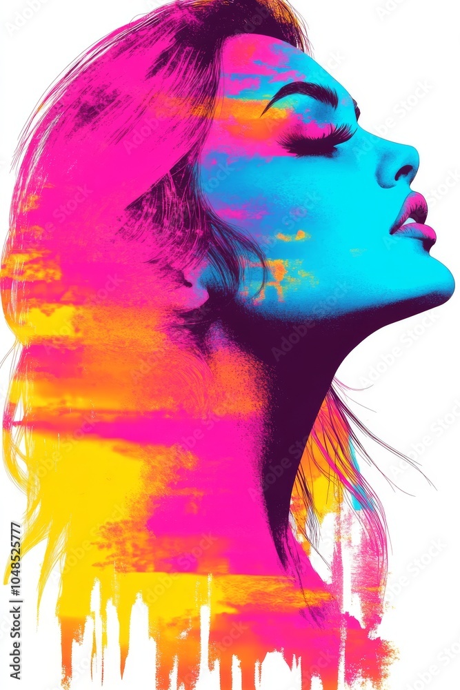 Fototapeta premium A striking portrait of a young woman with a vibrant, artistic color palette featuring blue, pink, and yellow hues.