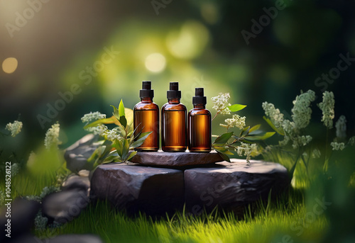 Four amber glass bottles with black sprayers sit on a stone platform nestled in a lush green forest setting. photo