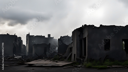 destroyed houses as a result of hostilities in the city photo