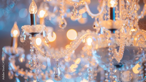 A detailed shot of the shimmering crystal chandeliers in the grand ballroom adding a touch of glamour to the event space. photo