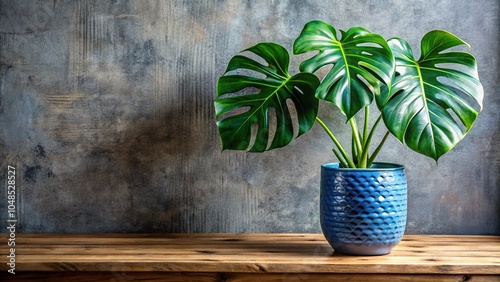 Modern Houseplant Arrangement with Monstera Deliciosa and Proiphys amboinensis in Blue and White Pot photo