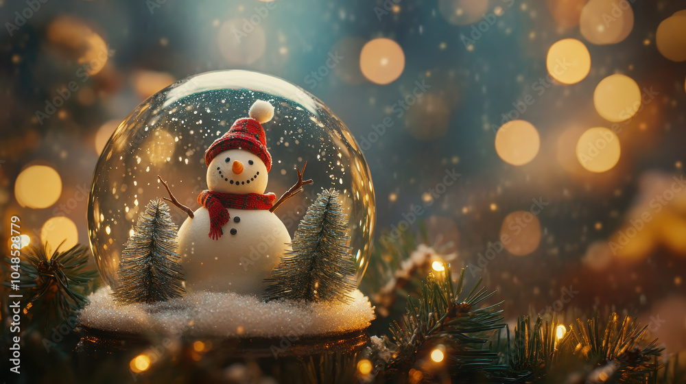 Obraz premium cheerful snowman inside snow globe, surrounded by festive lights and greenery