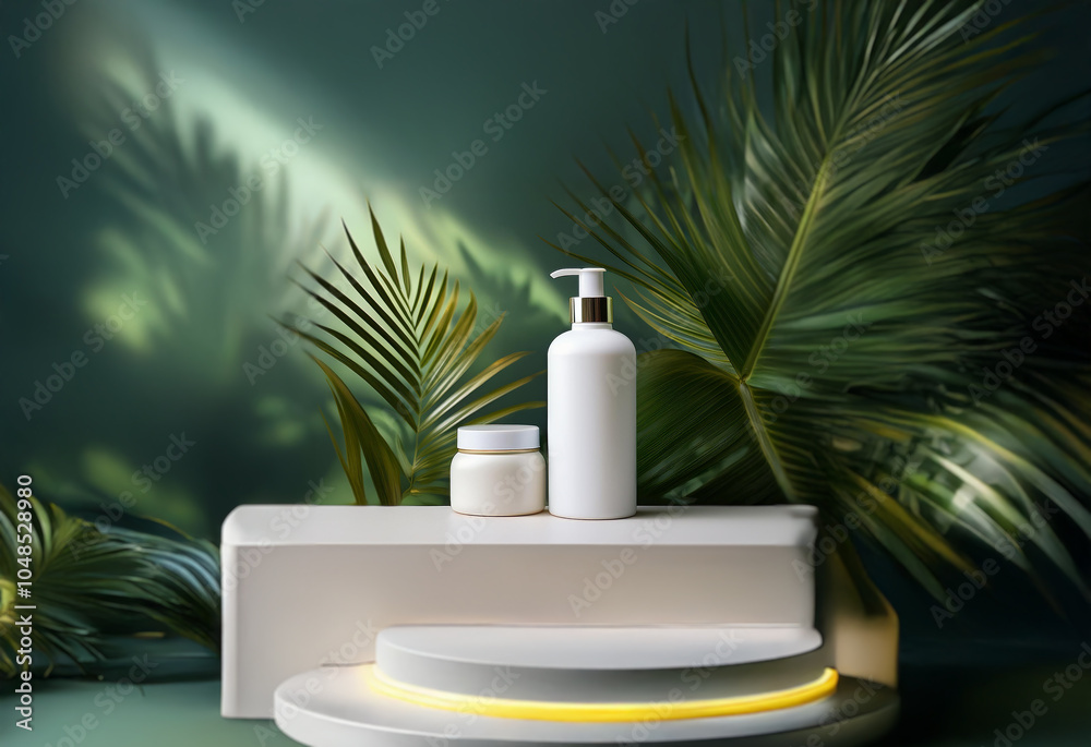 A white bottle and jar on a white platform with a green and leafy background. A white bottle and jar on a white platform with a green and leafy background.