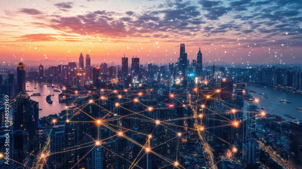 Obraz premium Futuristic city skyline with interconnected lights at sunset