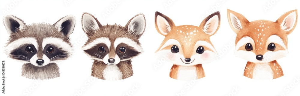 Fototapeta premium Cute Watercolor Illustrations of Raccoons and Deer 