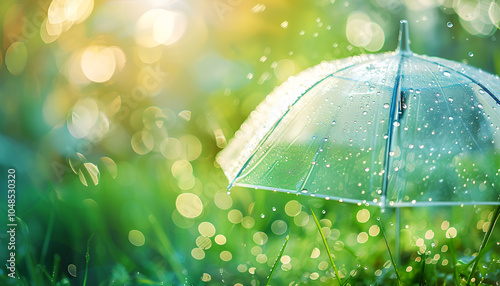 Transparent umbrella under rain against water drops splash background. Rainy weather concept