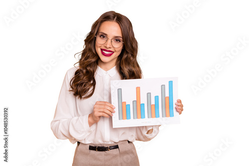 Portrait of her she nice-looking attractive lovely gorgeous experienced cheerful wavy-haired lady holding in hands showing paper document statistic isolated over beige pastel background